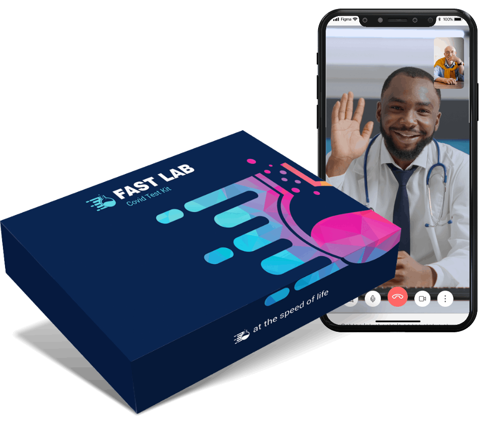 Box mockup with a phone behind having a video call with a doctor
